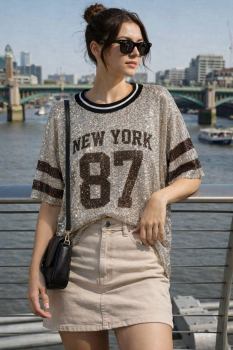 Pailletten T-Shirt "New York" Braun