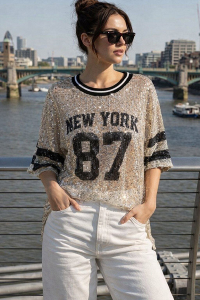 Pailletten T-Shirt "New York" Schwarz